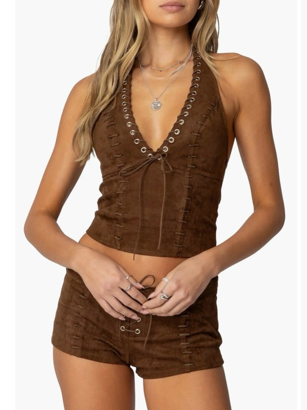 Edikted Brown Lace-Up Suede Halter Crop Top